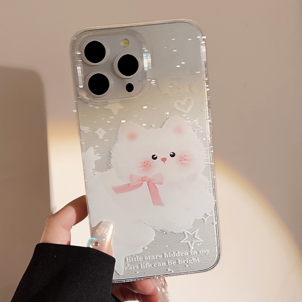 可爱ins甜美猫咪适用iphone14手机壳闪粉苹果15pro max透明16软13
