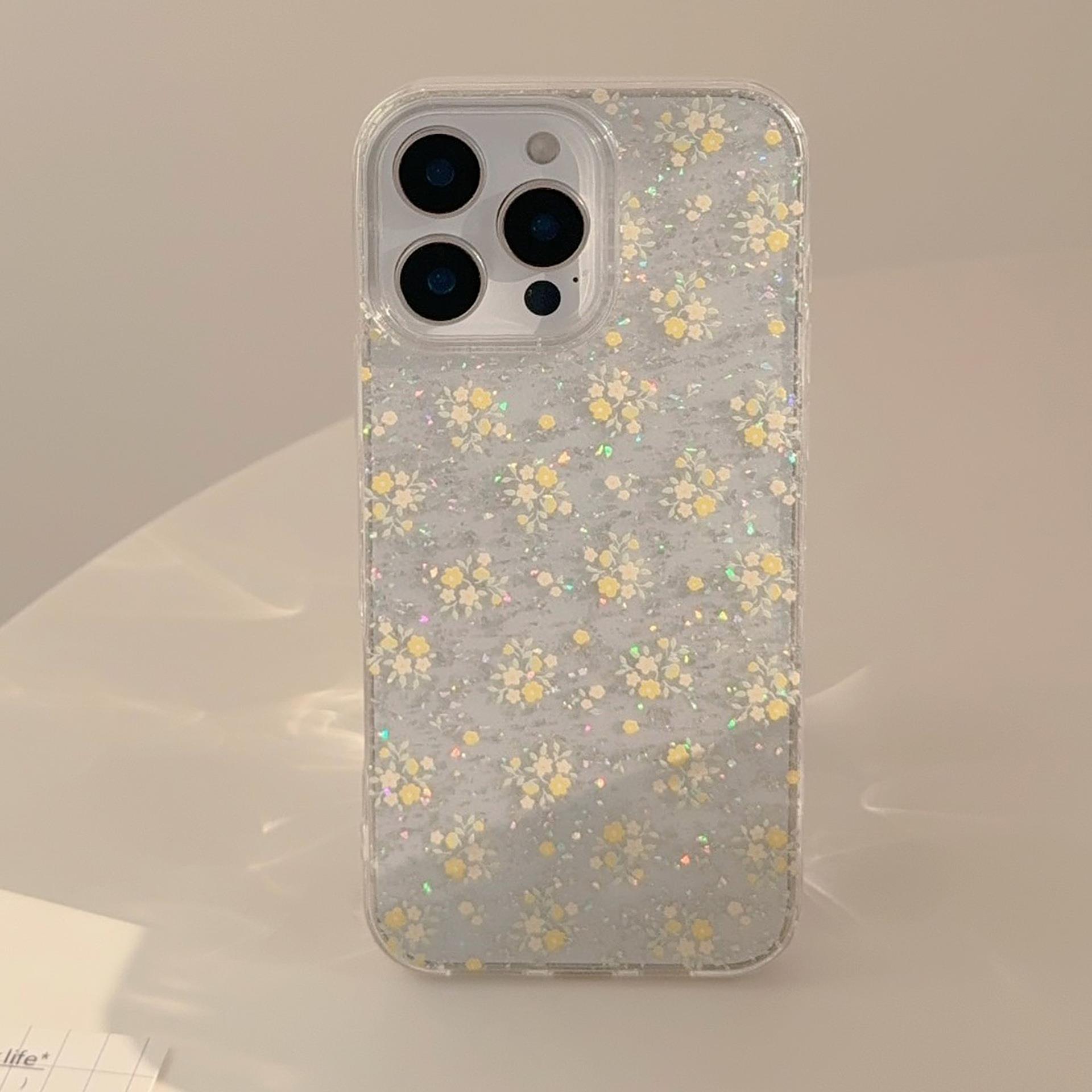 温暖黄碎花适用苹果16promax手机壳15清新唯美iphone14闪粉11透明