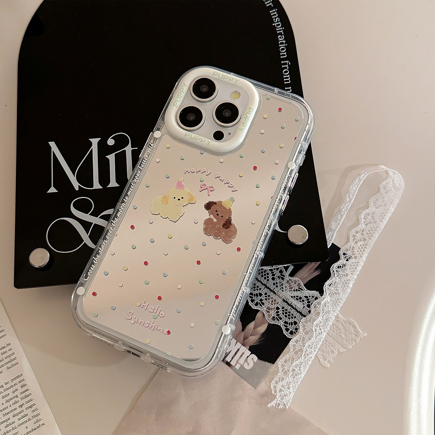 可爱彩波点小狗适用苹果15ProMax手机壳iPhone16镜面11软14韩系13