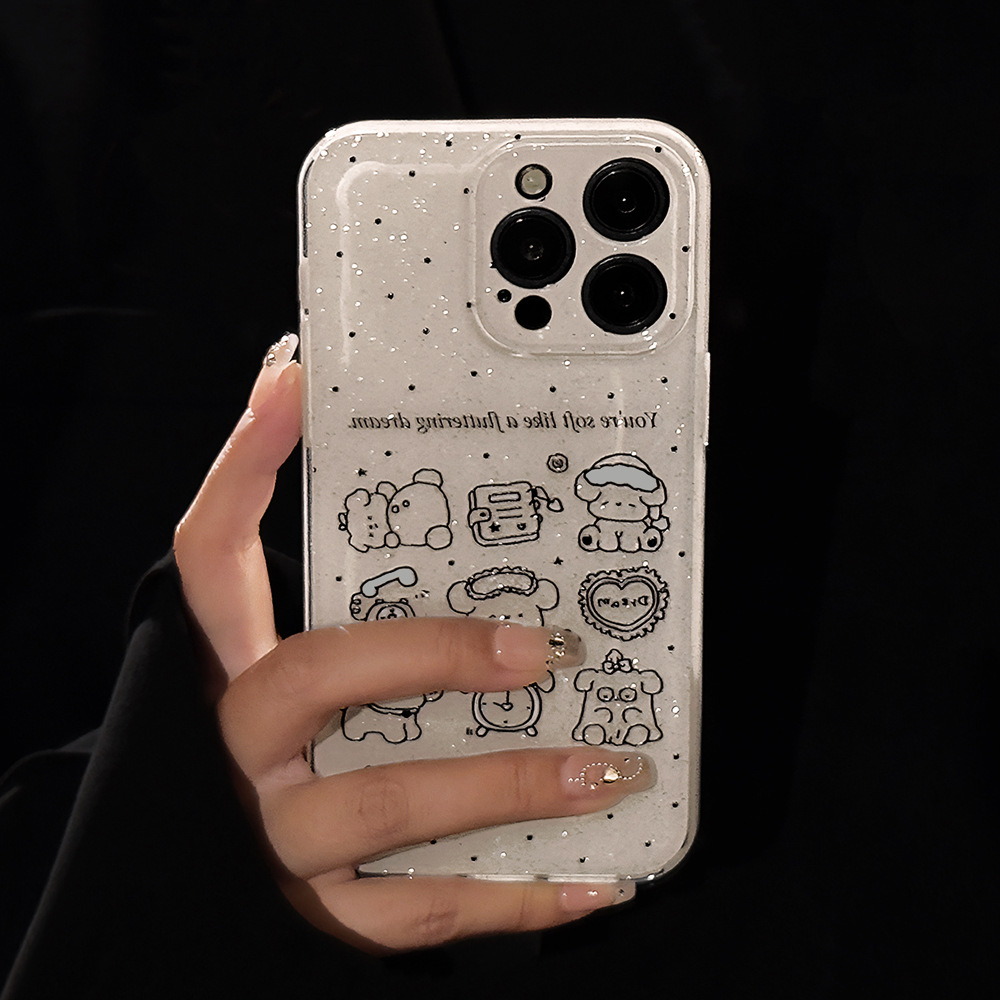 双层闪粉ins小狗涂鸦适用iphone16手机壳苹果15pro max挂绳13软12