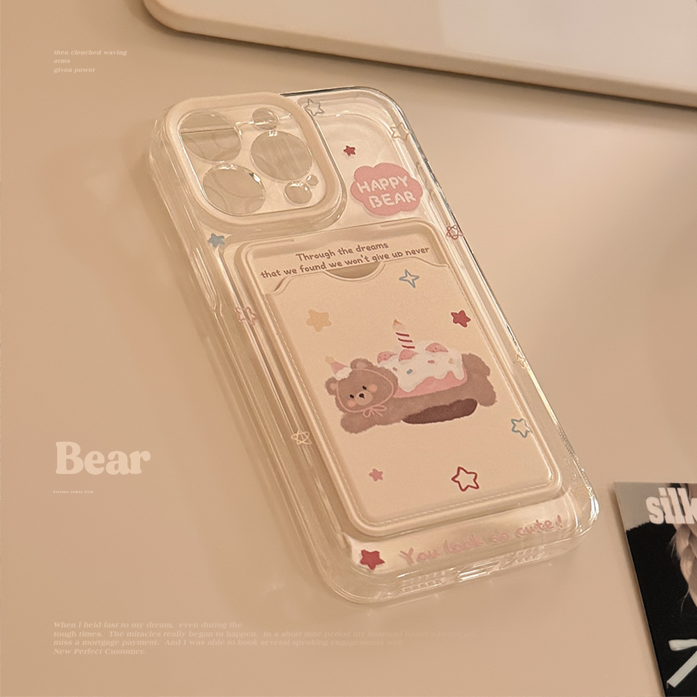 韩风小熊蛋糕卡包适用苹果15promax手机壳iphone14透明16全包13软