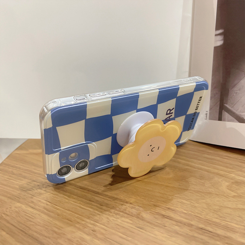 蓝棋盘花朵支架15ProMax苹果16手机壳iphone保护套XS/14适用8软13
