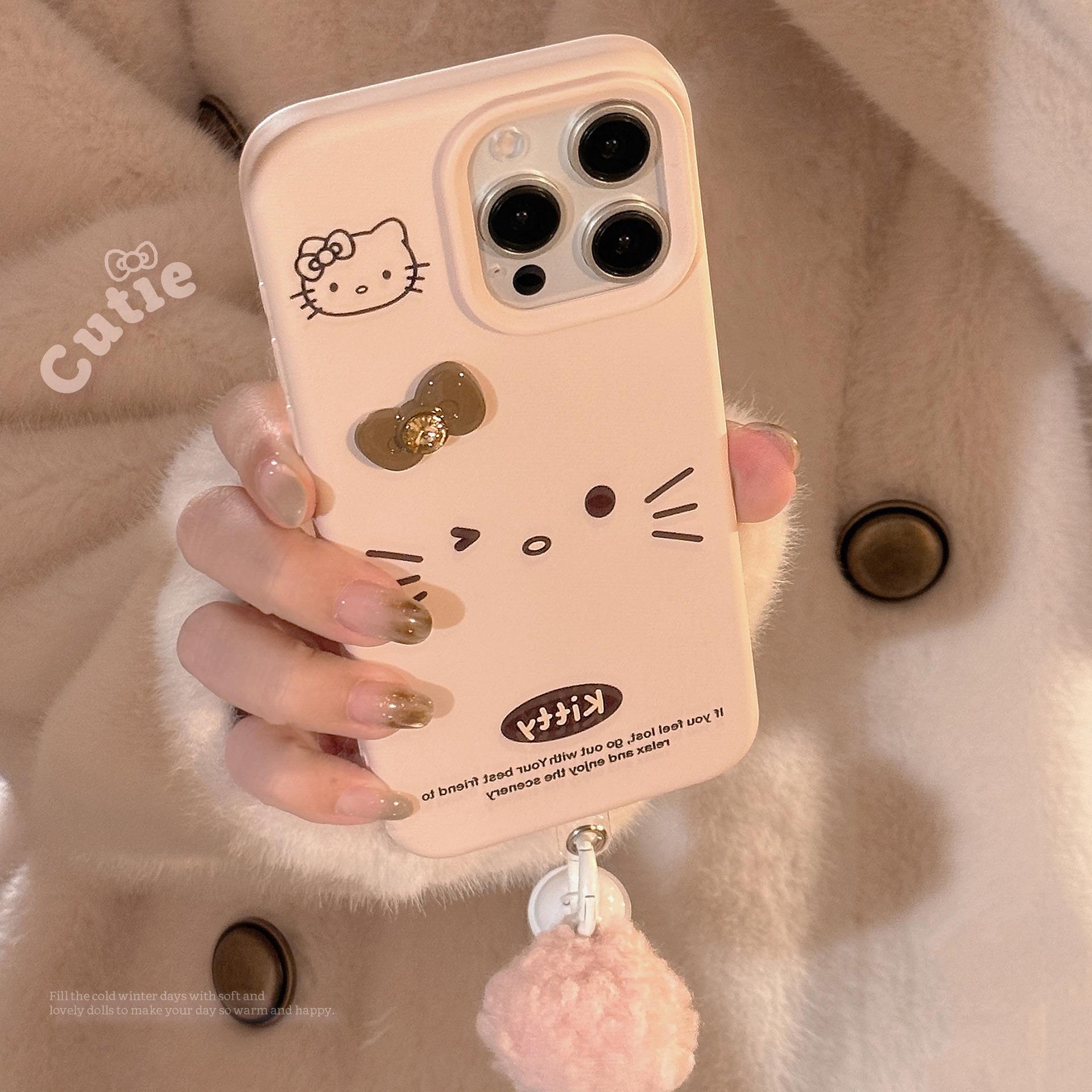 可爱大脸猫适用iphone16手机壳苹果14立体蝴蝶结13挂件15promax软