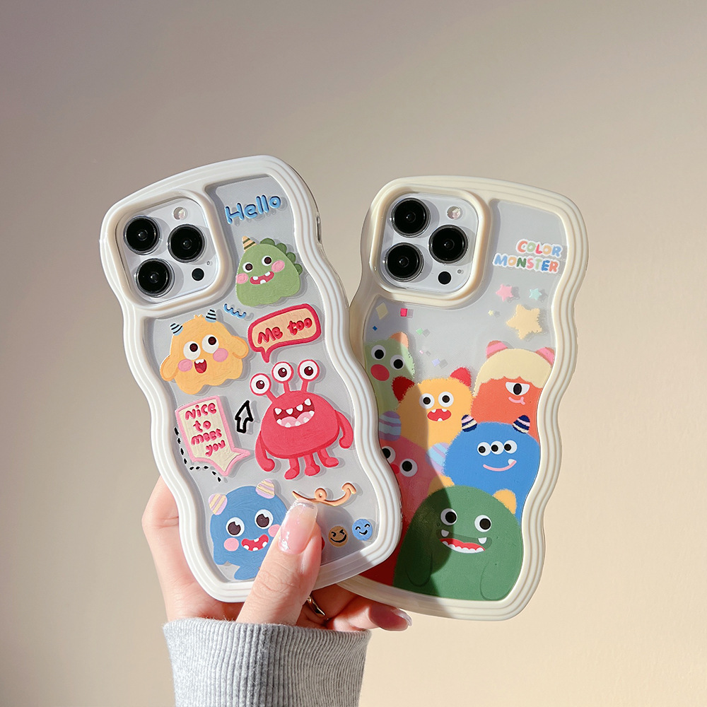 可爱卡通小怪兽适用iPhone16手机壳14Promax苹果12情侣13波浪边xr