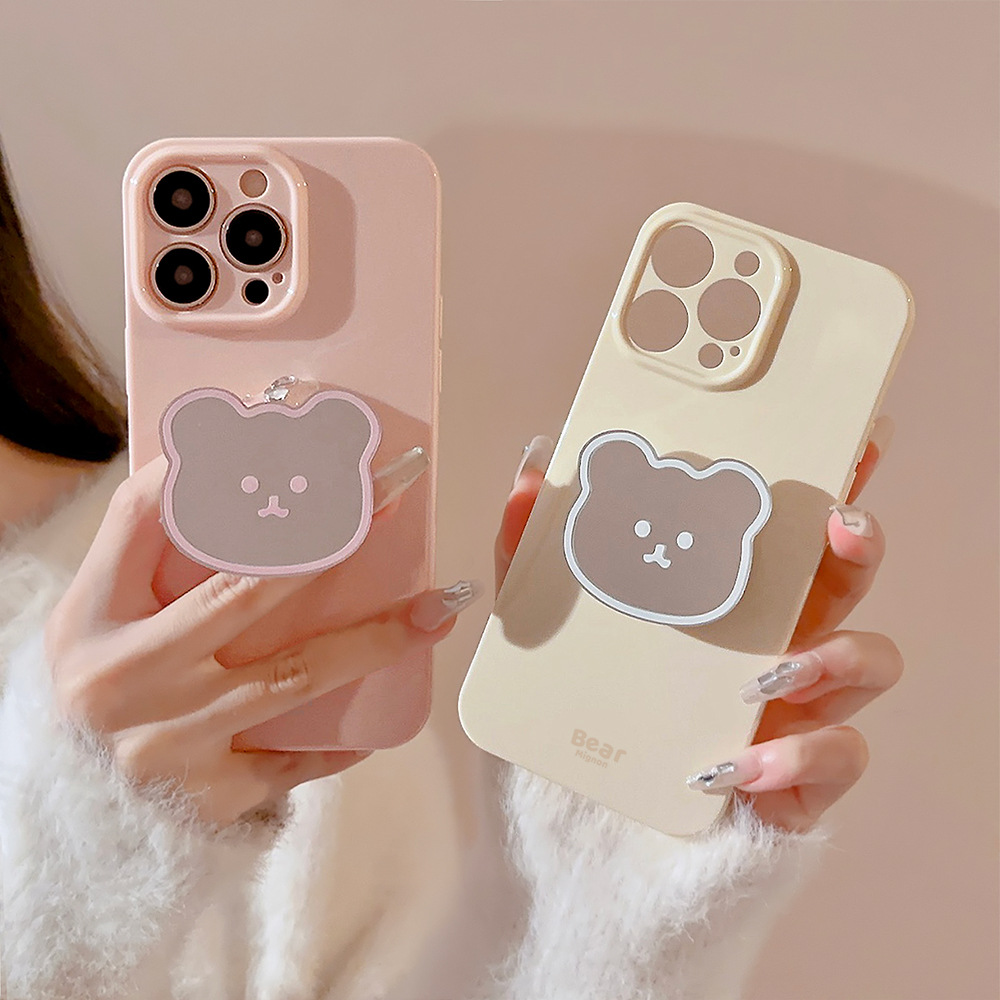 简约小熊镜面支架iphone13适用16promax苹果手机壳11可爱12硅胶15