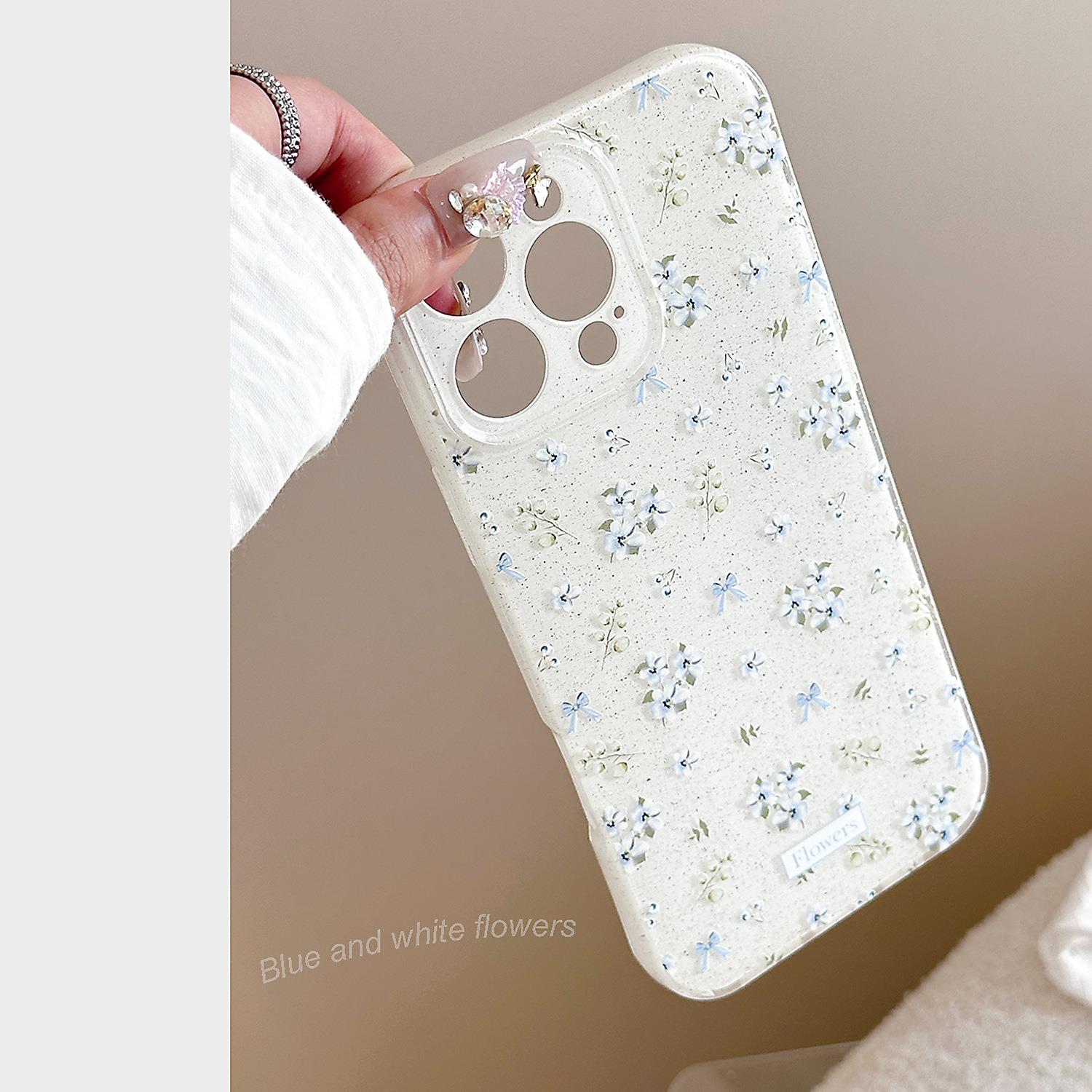 蓝色花朵适用iphone16手机壳苹果15promax韩系蝴蝶结11闪粉14男女
