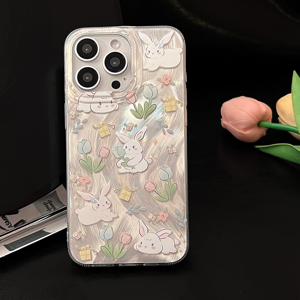 小碎花兔子手机壳适用14苹果15promax小清新iphone13羽纱12镭射16