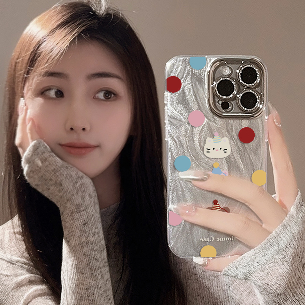 彩色波点卡通小熊手机壳14苹果16promax适用iphone13镜头膜12羽纱