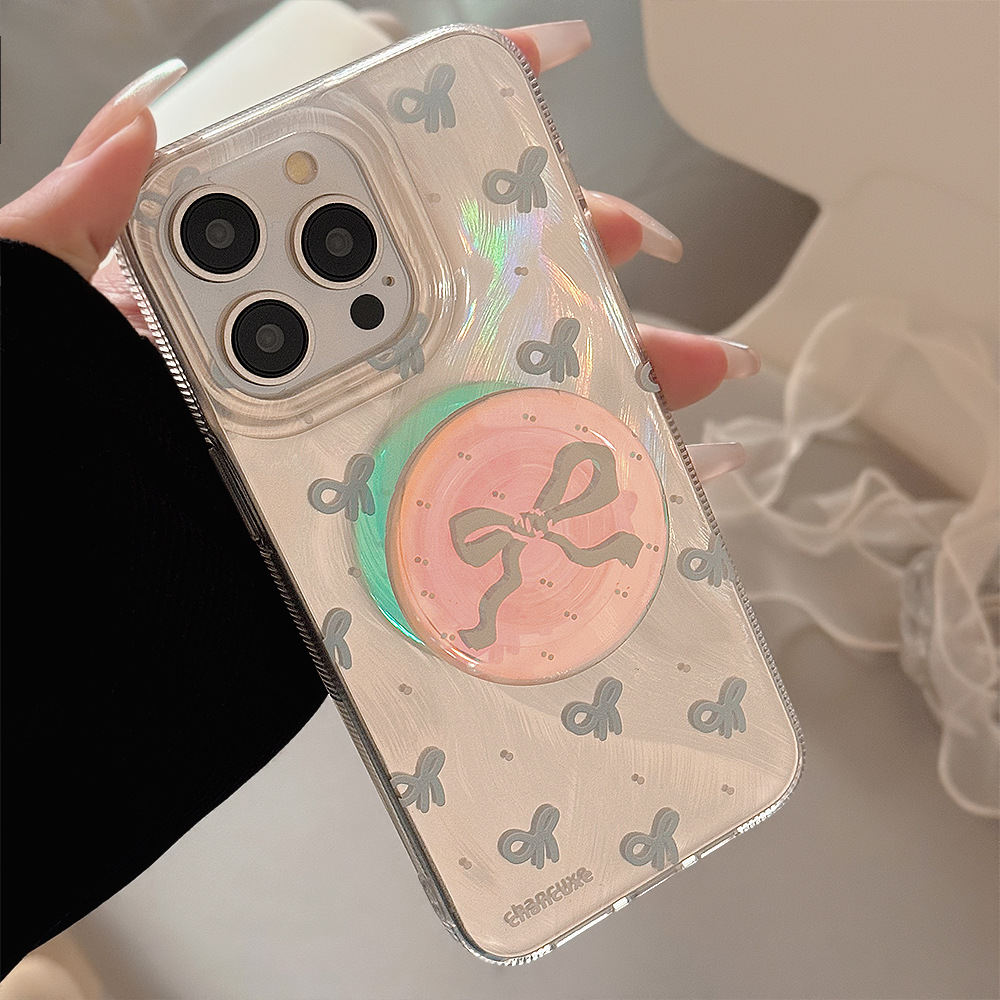 蓝蝴蝶结手机壳适用苹果15promax镭射支架iphone13防摔16硬14小众