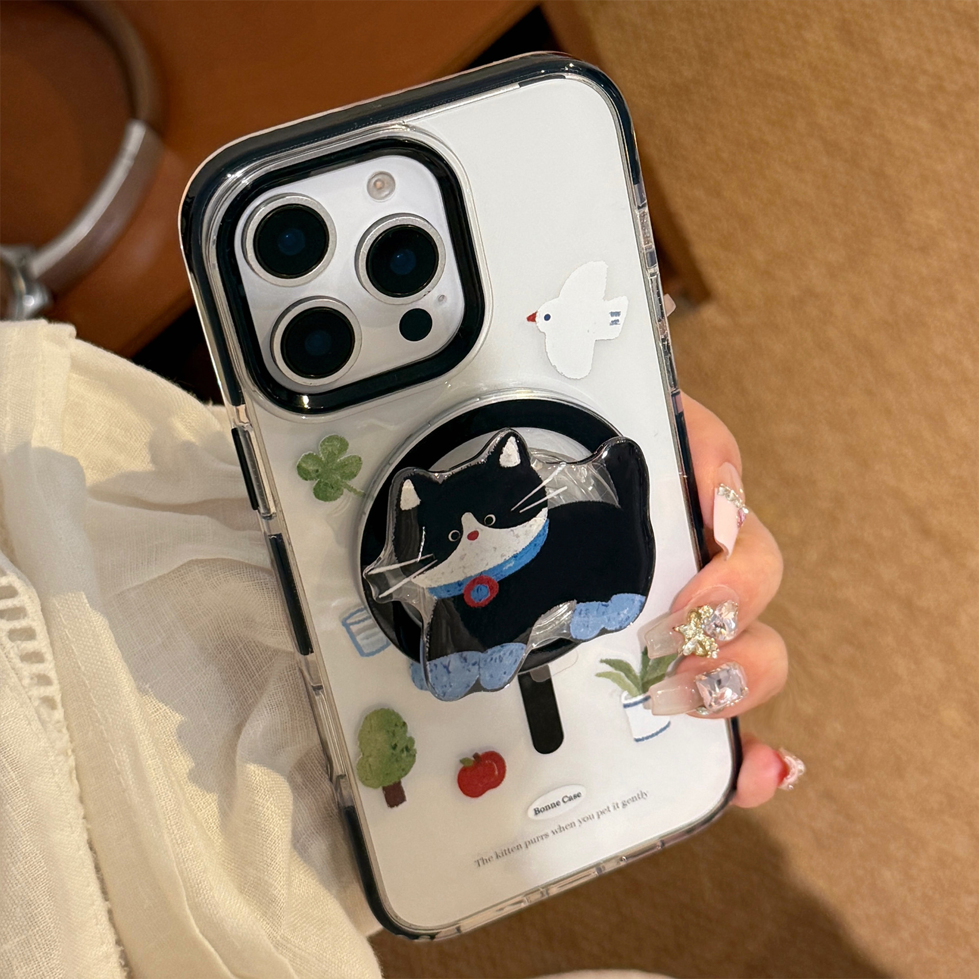 磁吸猫咪支架适用苹果16promax手机壳iPhone15童趣卡通14透明13软