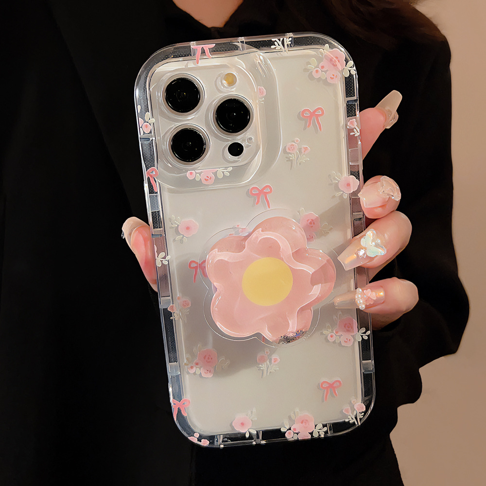 粉碎花流沙支架14promax苹果手机壳13透明iphone15适用11蝴蝶结16