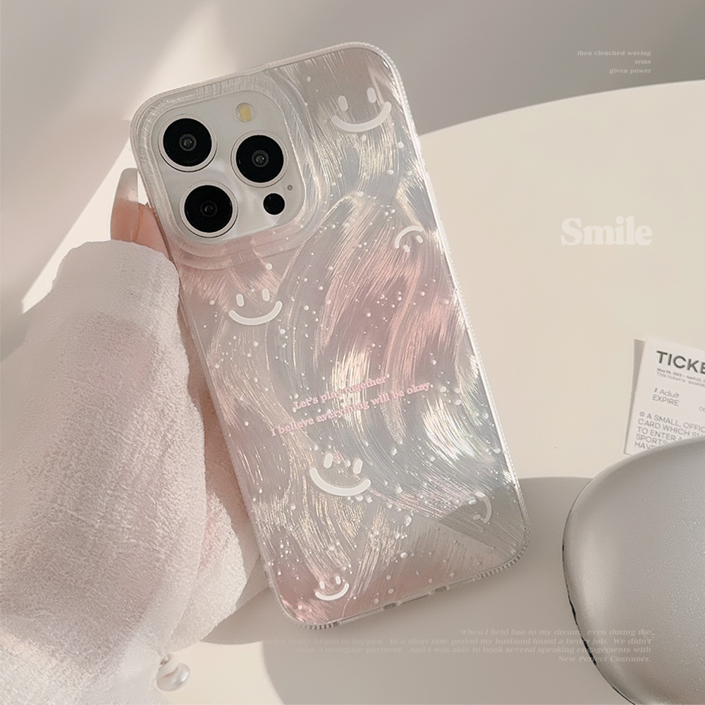甜粉晕染笑脸手机壳适用苹果15promax羽纱iphone13防摔16硬14镭射