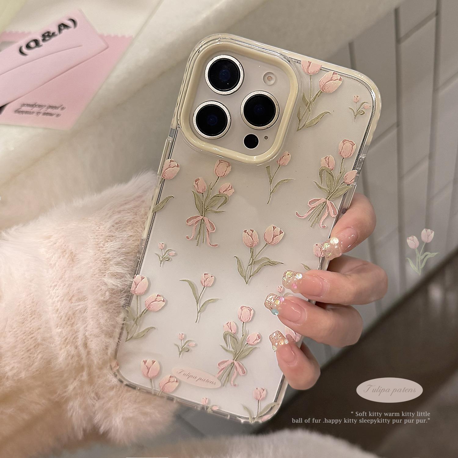 粉色郁金香iphone16苹果15promax手机壳13适用12防摔11透明14软套
