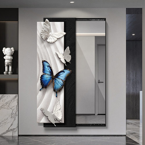 黑白简约蝴蝶穿衣镜装饰画隐藏式推拉全身镜挂画暗藏式玄关镜子画