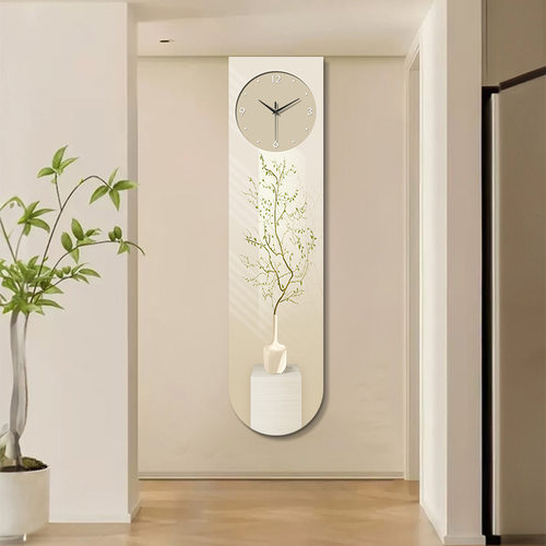 精雕U形奶油风清新绿植装饰画带钟表窄长条LED暖光高级感挂壁灯画