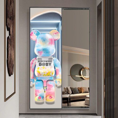 暴力熊推拉镜子画隐藏式全身镜挂画潮流酷入户玄关卧室隐形穿衣镜