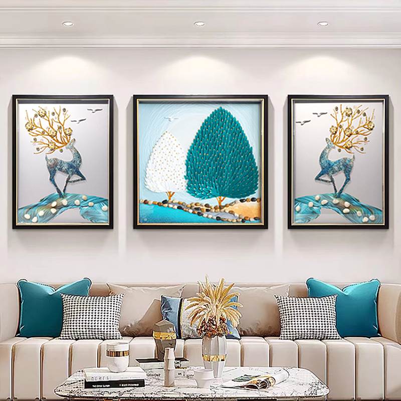 沙发背景墙手工立体实物装饰画羽毛简约高端大气客厅轻奢鹿三联画