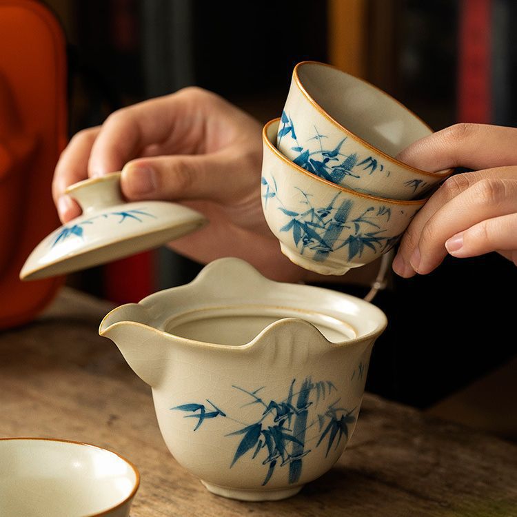 汝窑手绘旅行茶具一壶三杯快客杯陶瓷旅游户外便携式随身茶具套装