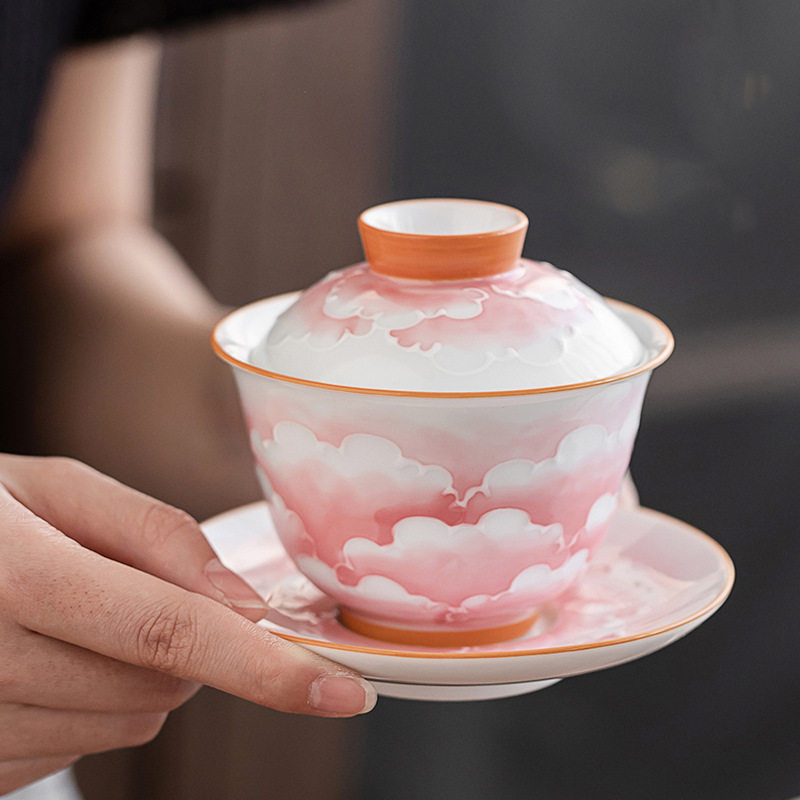 念云居堆雕手绘盖碗茶杯家用单个三才盖碗泡茶碗大号手抓壶