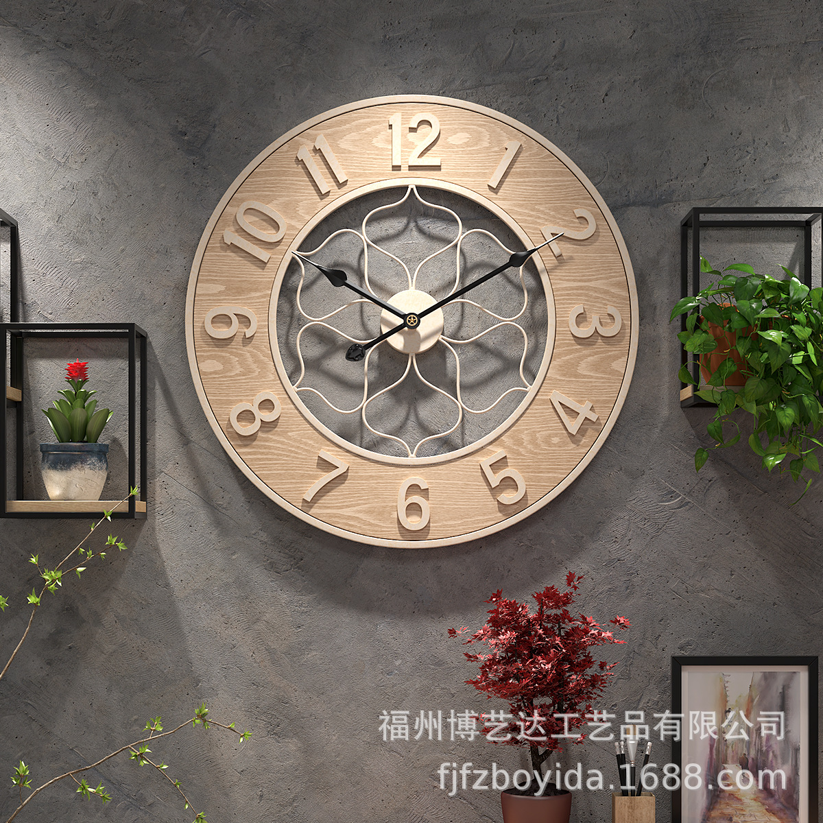 美式简约装饰挂钟家居室内贴壁钟客厅钟表木质静音时钟厂家批发