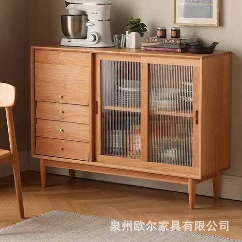 北欧樱桃木复古餐边柜日式小户型玻璃储物柜家用实木收纳茶水厨柜