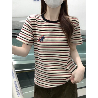 夏季撞色条纹小马刺绣短袖T恤女