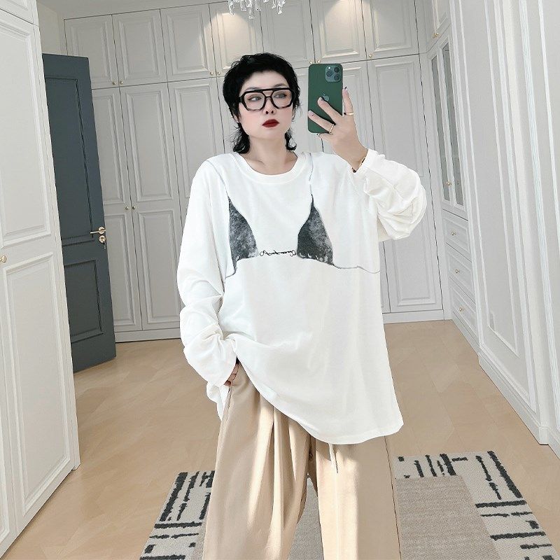 别致小众设计感圆领长袖上衣大码女装200斤胖Nmm宽松藏肉百搭t恤,女装/女士精品,大码内搭,淘宝优惠券,粉丝福利购,淘宝优惠卷