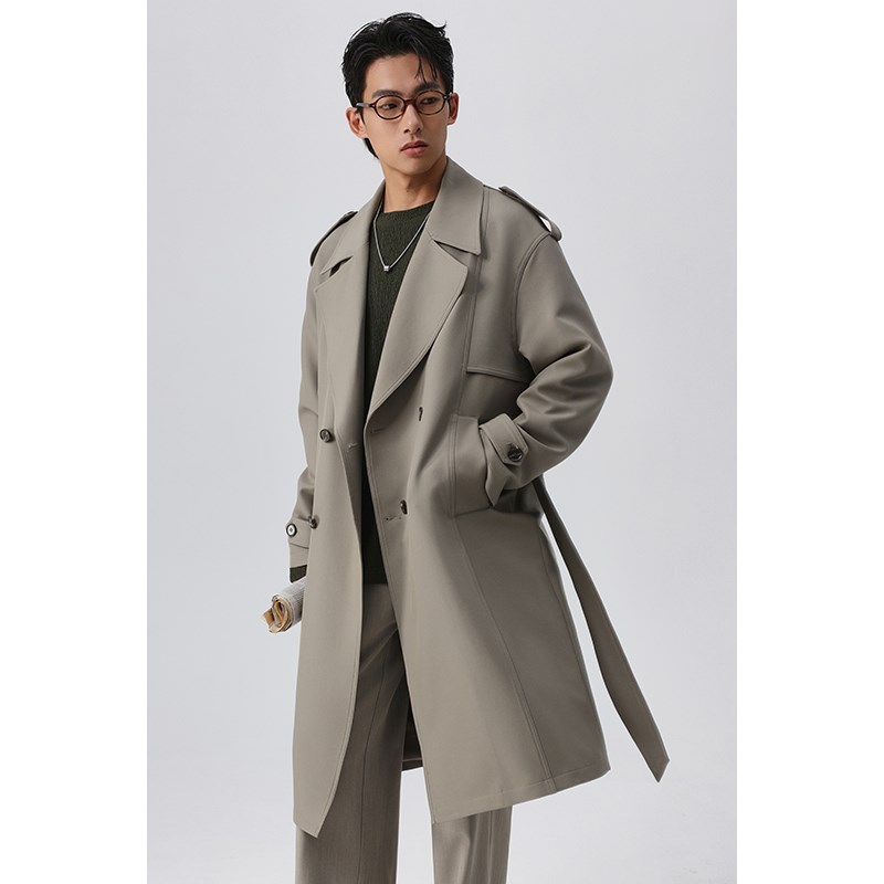 w2x春秋季高密加捻细斜纹风衣男中长款外套高级感宽松猎装大衣潮