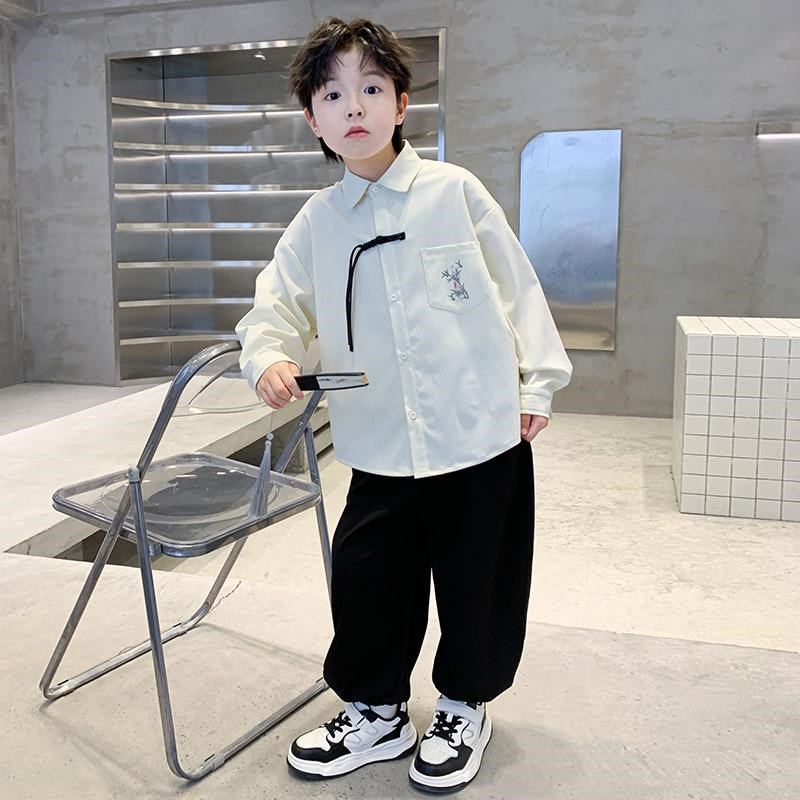 男童汉服套装2025新款春秋款中大童唐装新中式国风衬衫长裤两件套