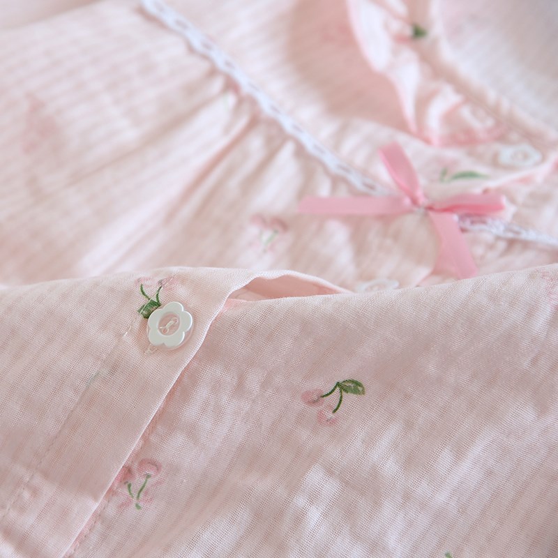 日式小清新樱桃睡衣儿童春夏薄款纯棉双层纱布长袖女童空调家居服