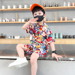 男童棉绸套装23新款男宝沙滩海边花衬衫两件套度假风洋气薄款夏装