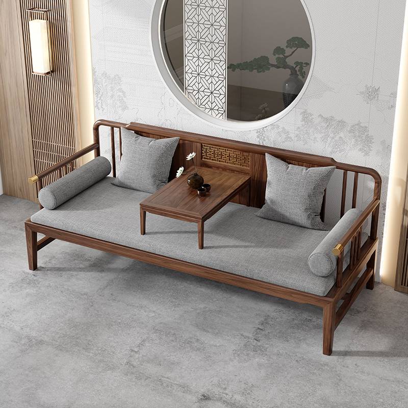 5V新中式实木罗汉床贵妃榻老榆木小户型推拉沙发黑胡桃木伸缩躺椅