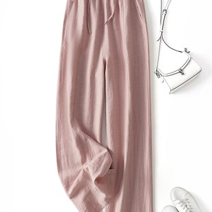 高腰系带休闲垂感阔腿长裤 速发高端亚麻筒色防晒直粉天夏裤 薄款
