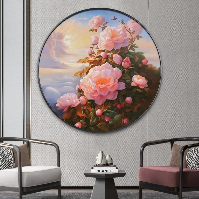 速发富贵牡丹圆形画新中式玄关客厅过道装饰画餐厅挂画纯手绘花卉图片