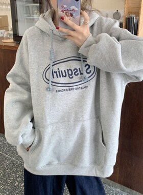 速发灰色卫i秋冬季加绒加厚款overs衣z松宽e连帽潮韩版大码外套