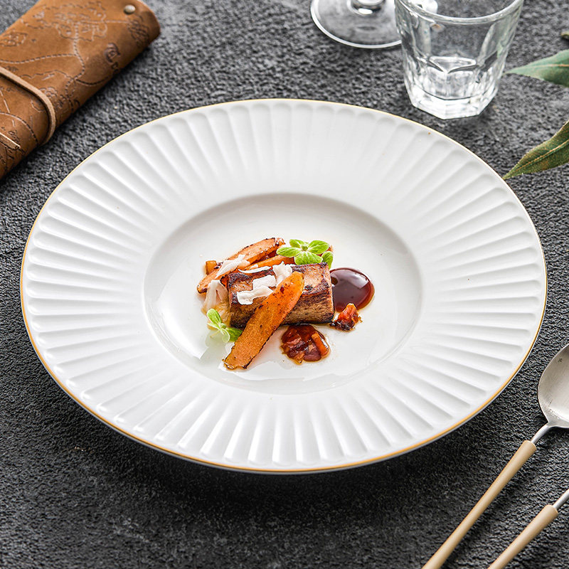 速发优格描金绮丽骨瓷盘子菜盘家用新0225款轻奢餐盘宽边盘西餐盘