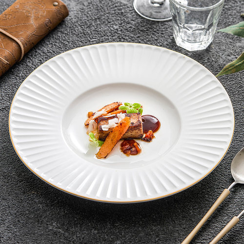 速发优格描金绮丽骨瓷盘子菜盘家用新0225款轻奢餐盘宽边盘西餐盘