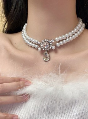 速发高级感双层珍珠项链轻奢小众优雅锁骨链赫本风choker颈链配饰