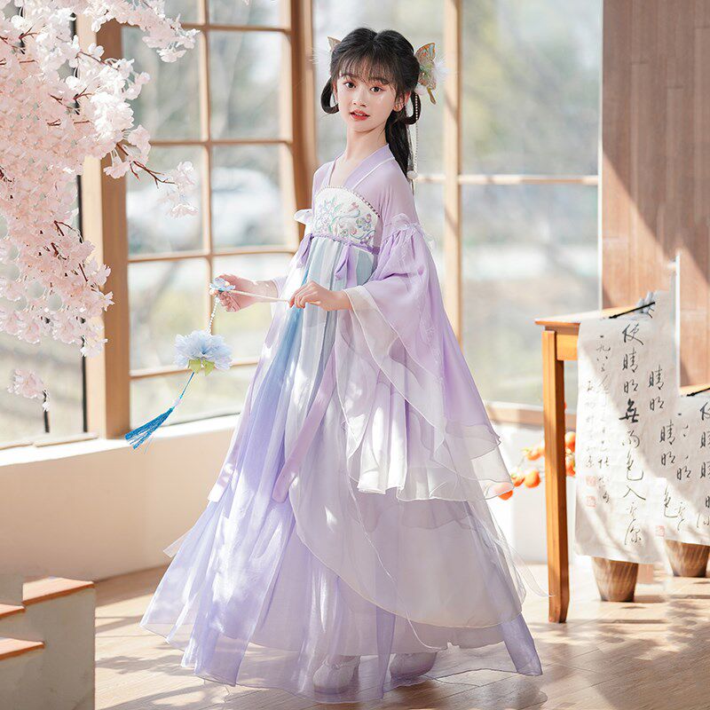 汉服女童春秋2024新款儿童x古装超仙古筝演出服唐装古风公主连衣