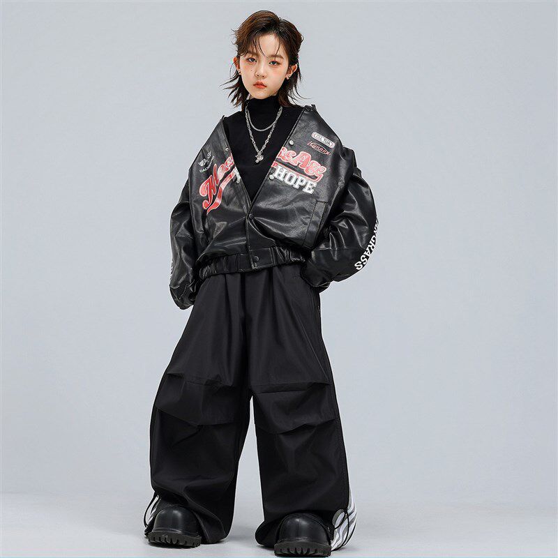 儿童街舞潮服男女童帅气机车t服皮夹克嘻哈hiphop架子鼓走秀演出
