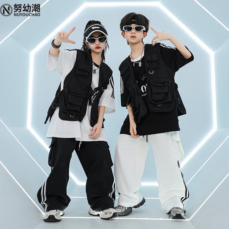 街舞儿童潮服架子i鼓hiphop表演服男女童酷帅战术工装马甲嘻哈套