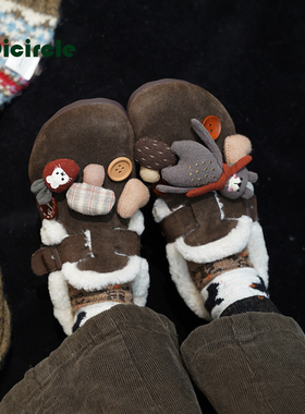 OICIRCLE【蘑菇小熊】冬季包跟勃肯鞋羊毛洞洞鞋羊羔毛绒女鞋