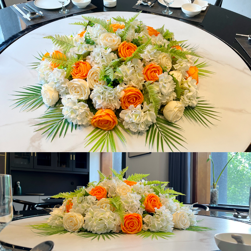 餐厅圆形桌子摆件仿真假花草坪餐桌装饰花酒店大圆桌中间摆花转盘