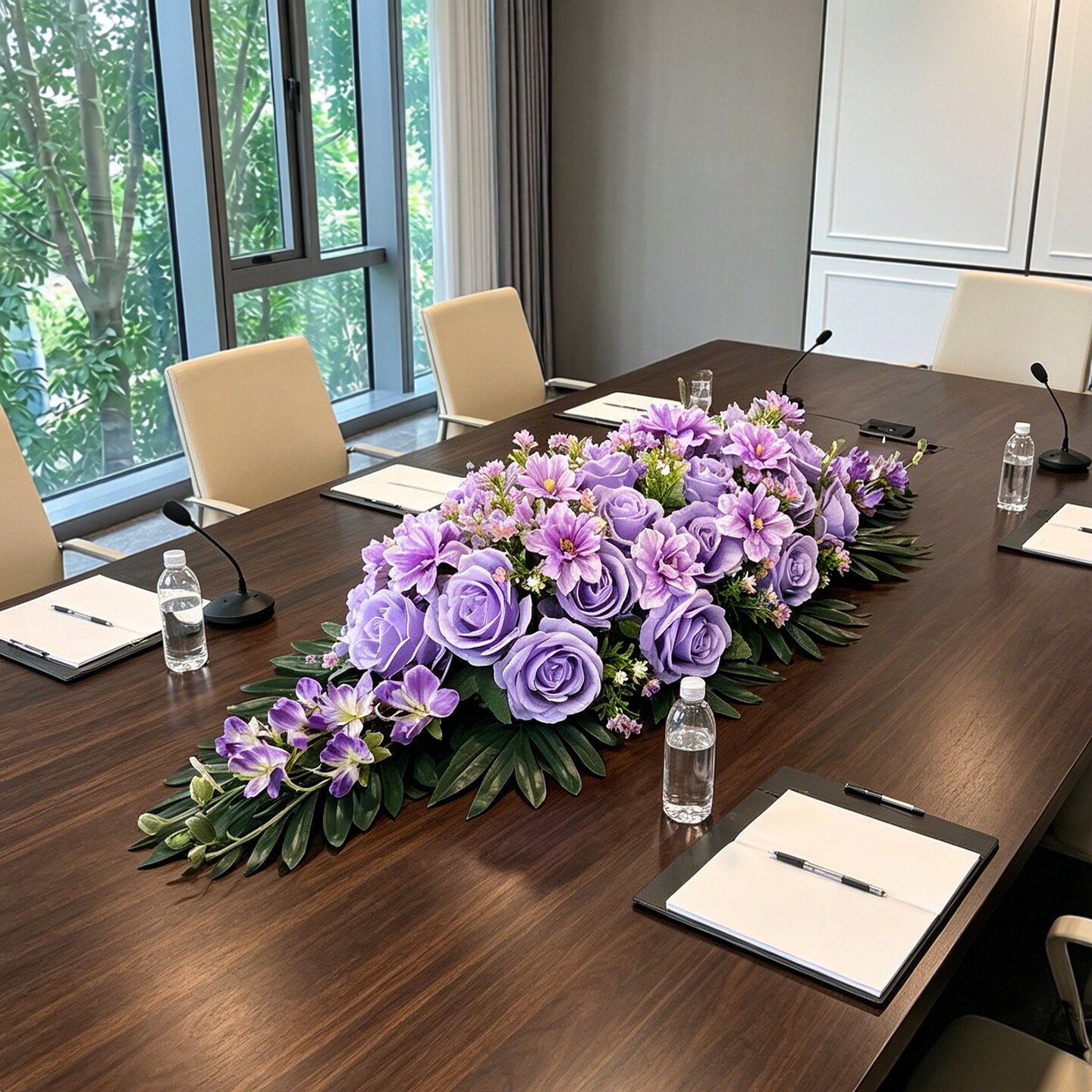 高档长形紫色玫瑰大型会议桌假花仿真花花商务台花办公会议室桌面