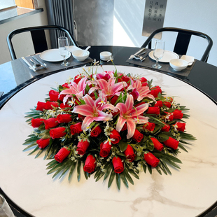 酒店饭店桌面装饰转盘花大圆餐桌花中间摆花轻奢花圆桌台花仿真花