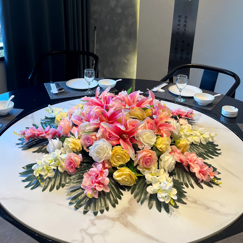 大圆餐桌花中间摆花轻奢花台花