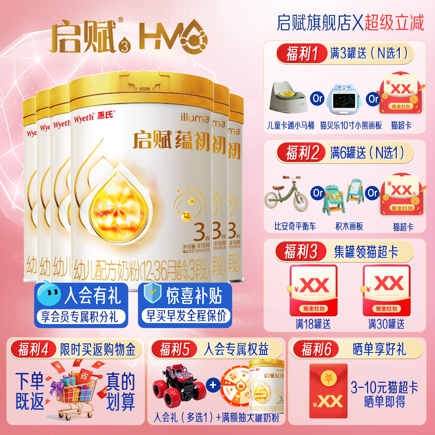 蕴淳重磅升级】惠氏启赋蕴初3段810g*6罐A2奶源婴幼儿奶粉旗舰店
