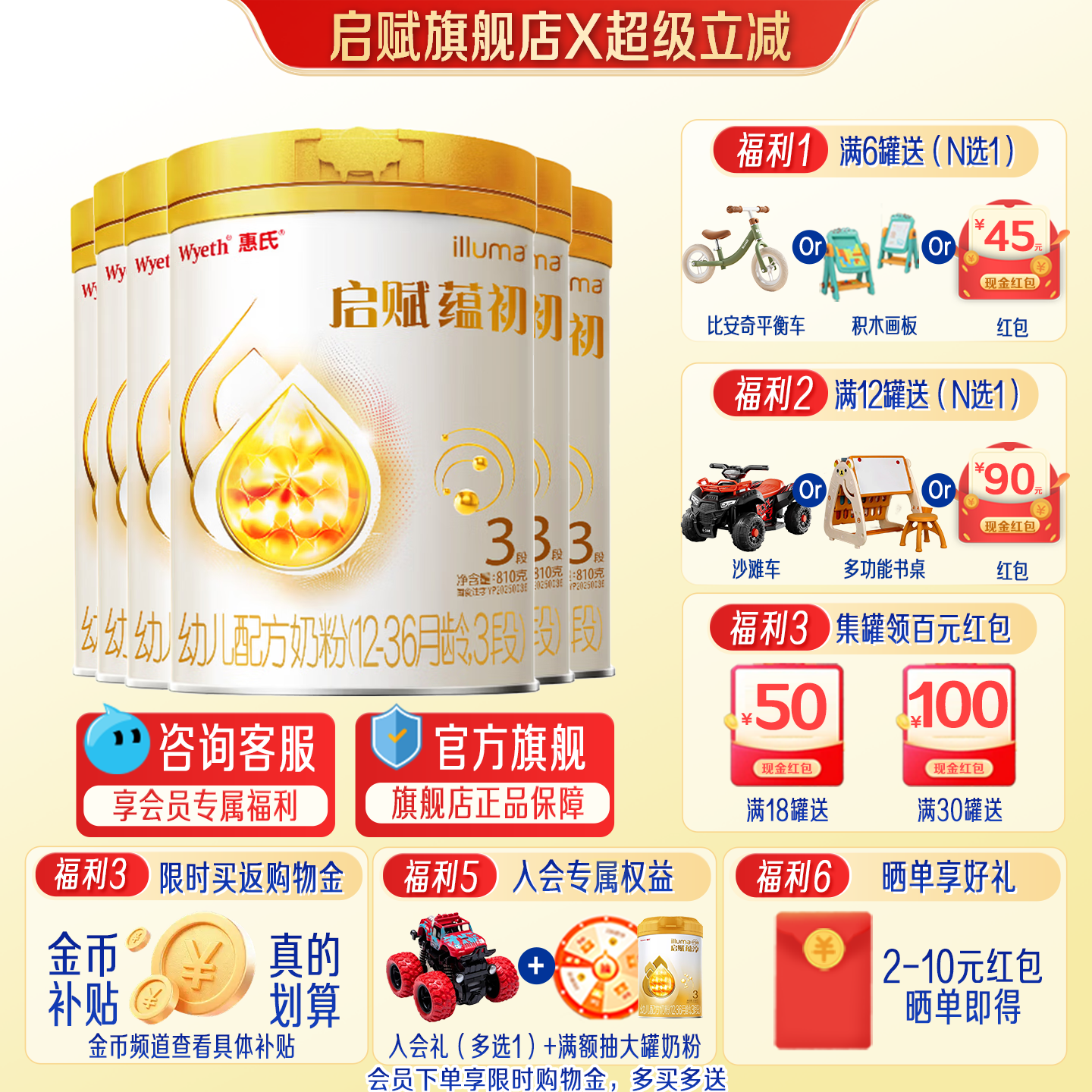淘金币|蕴淳重磅升级】惠氏启赋蕴初3段婴幼儿奶粉810g/6罐旗舰店