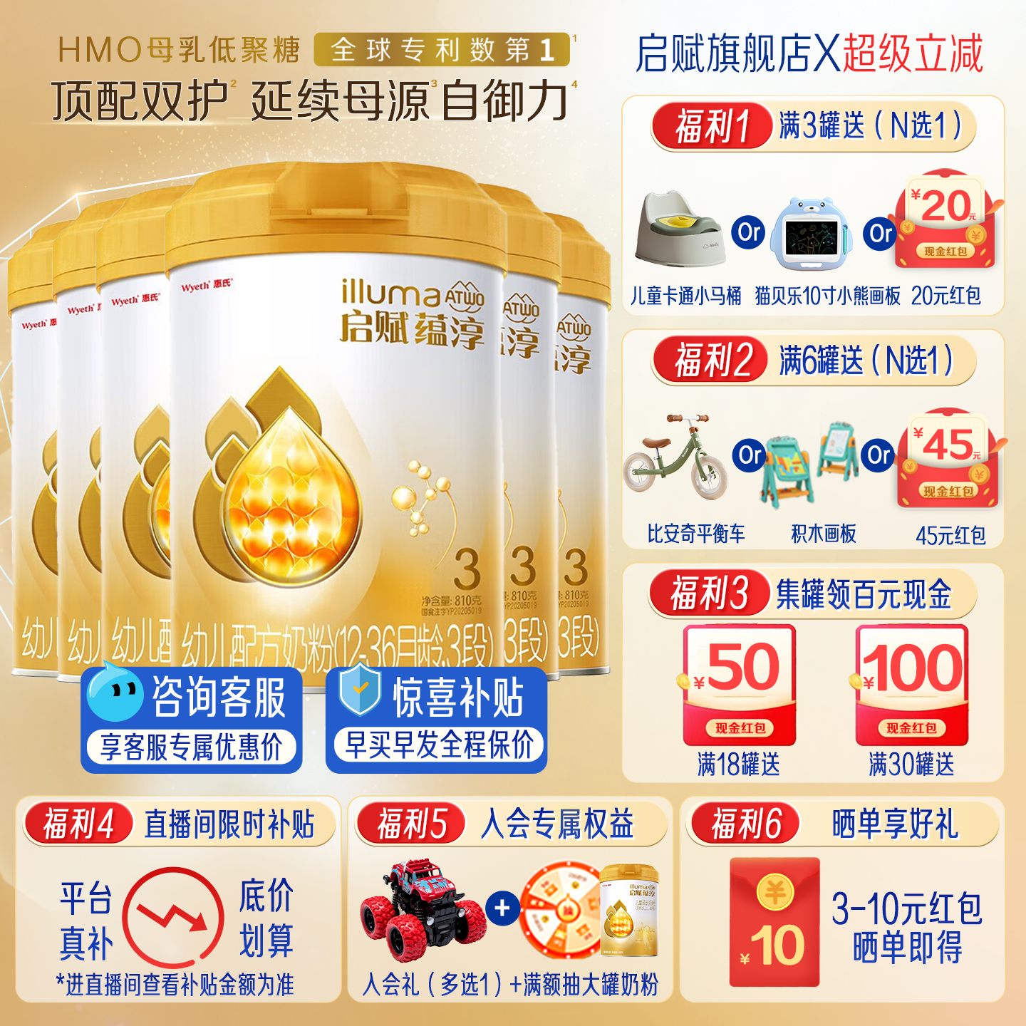 惠氏启赋蕴淳3段奶粉810g*6罐婴儿婴幼儿A2三段HMO配方官方旗舰店