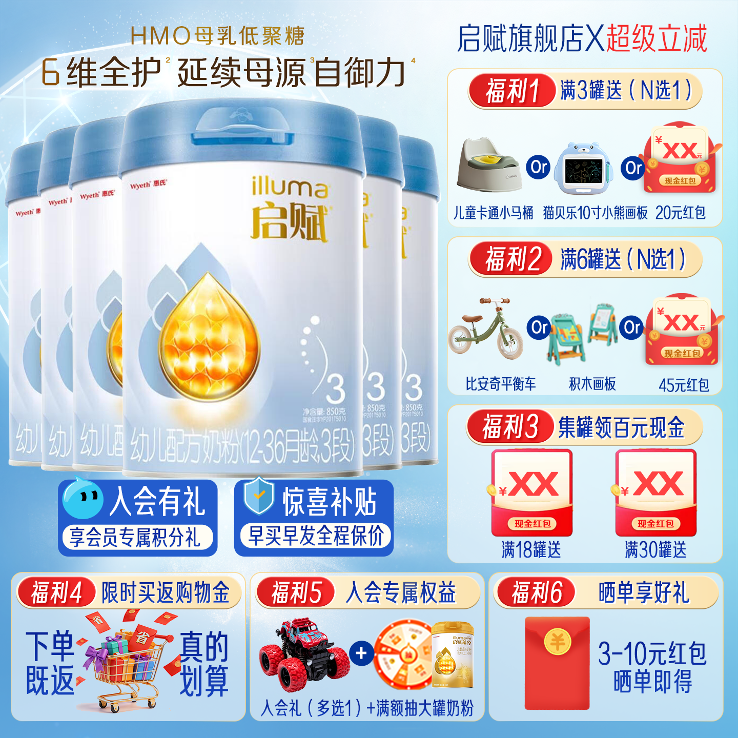 新国标惠氏启赋蓝钻3段奶粉850g*6罐婴幼儿配方官方旗舰店正品